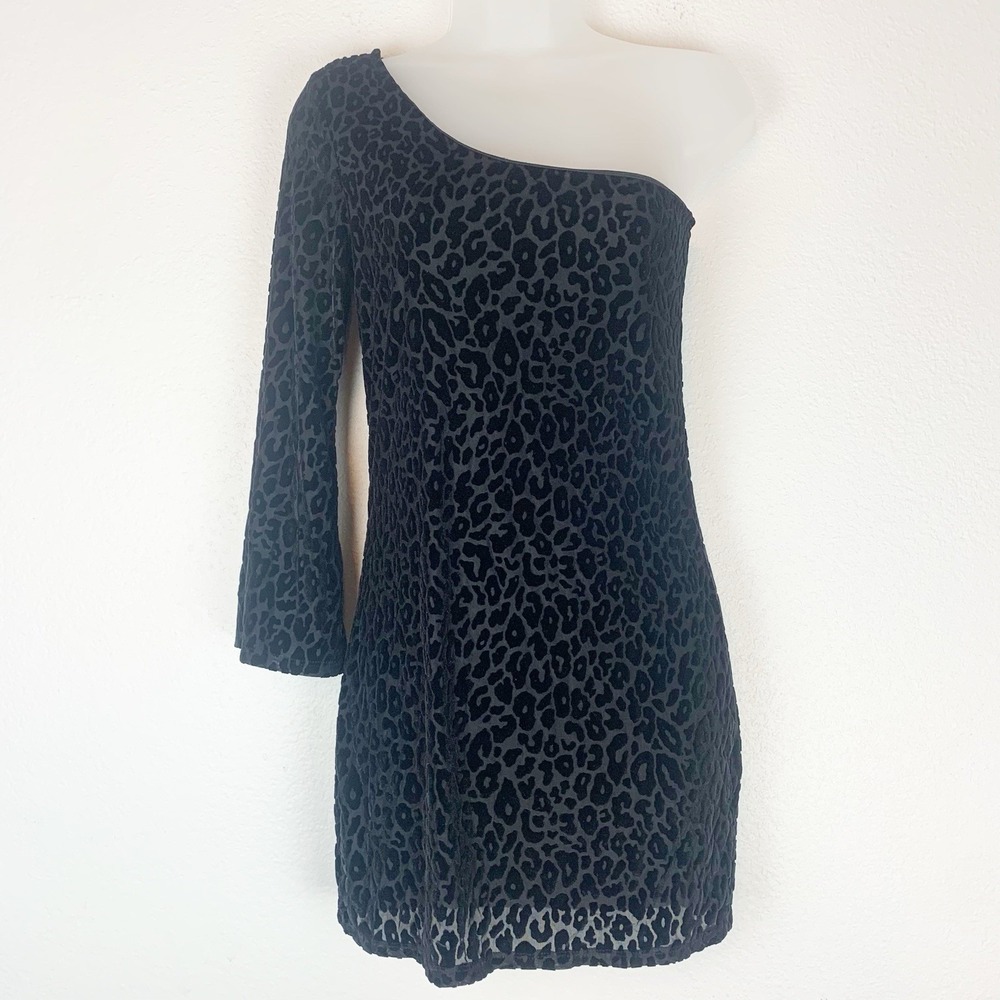 Audrey 3+1 Dress Small Mini One Shoulder Leopard Velvet Burnout Flare Sleeves S